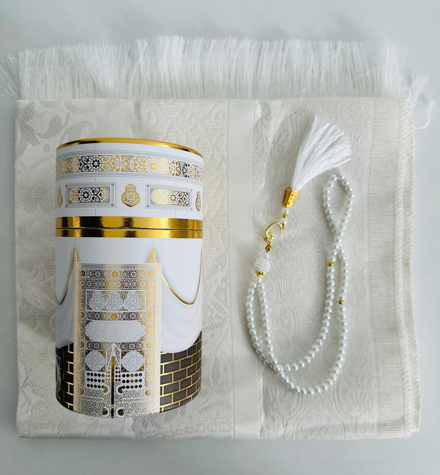 White - Prayer Mat and Tasbih Cylinder (Kaaba Design)