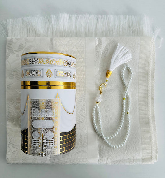 White - Prayer Mat and Tasbih Cylinder (Kaaba Design)