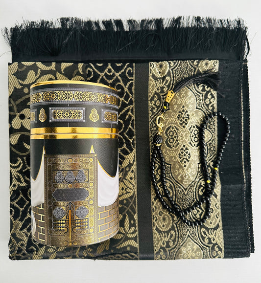 Black - Prayer Mat and Tasbih Cylinder (Kaaba Design)