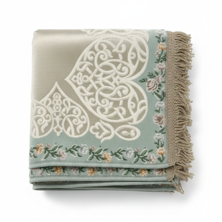 Decorative throw blanket with intricate patterns and floral designs on a white background
