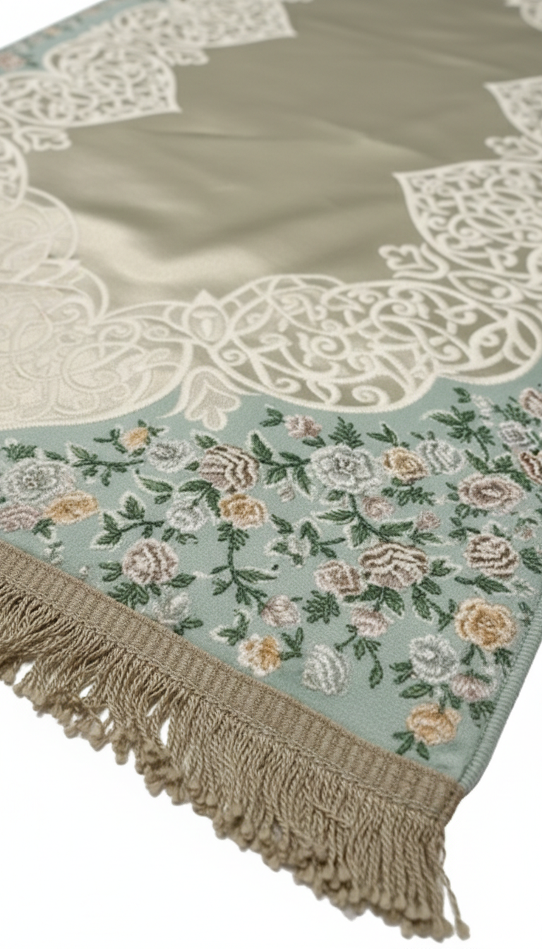 Decorative table runner with floral pattern and tassels on a plain background